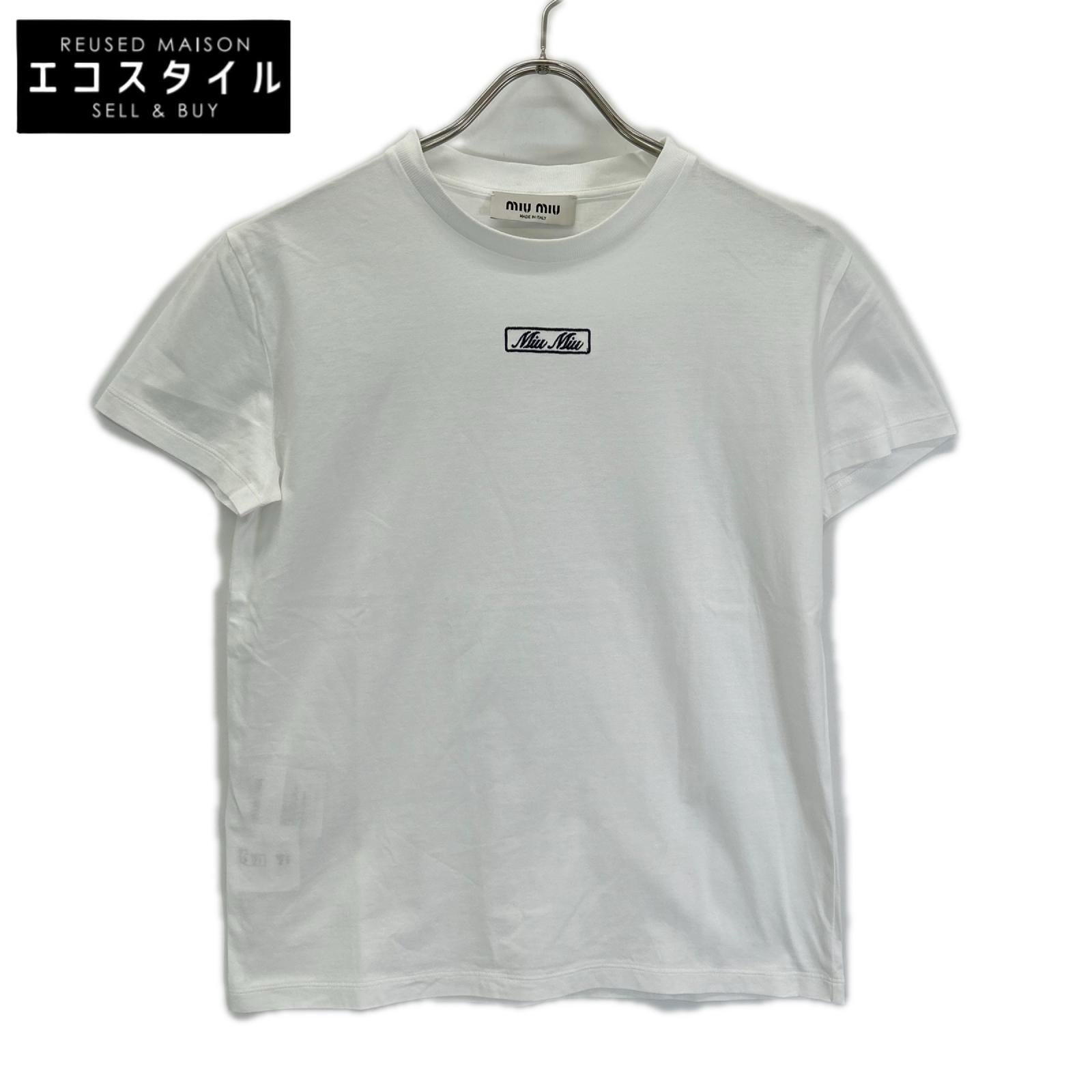 MIUMIU ミュウミュウ MJN383 23年 ホワイト ロゴ刺しゅう エンブロイダリー コットンジャージー Tシャツ トップス