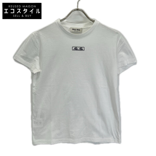 MIUMIU ミュウミュウ MJN383 23年 ホワイト ロゴ刺しゅう エンブロイダリー コットンジャージー Tシャツ トップス