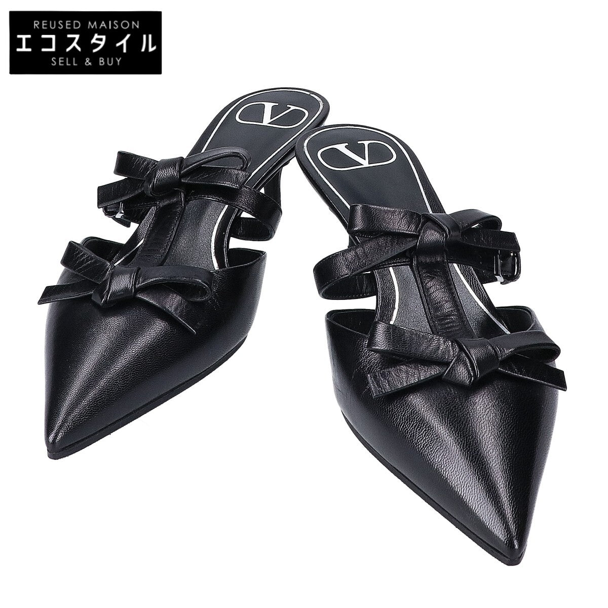 Valentino Garavani ヴァレンティノガラヴァーニ 【新品同様】レザー リボンディテール ポインテッドトゥ ミュール シューズ