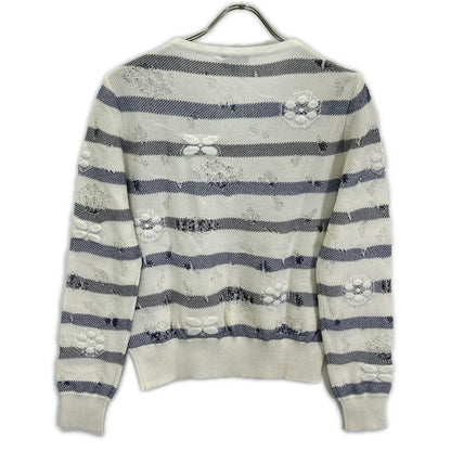 CHANEL Chanel P56171K07378 17SS white and navy Coco Mark button distressed camellia striped V-neck knit top