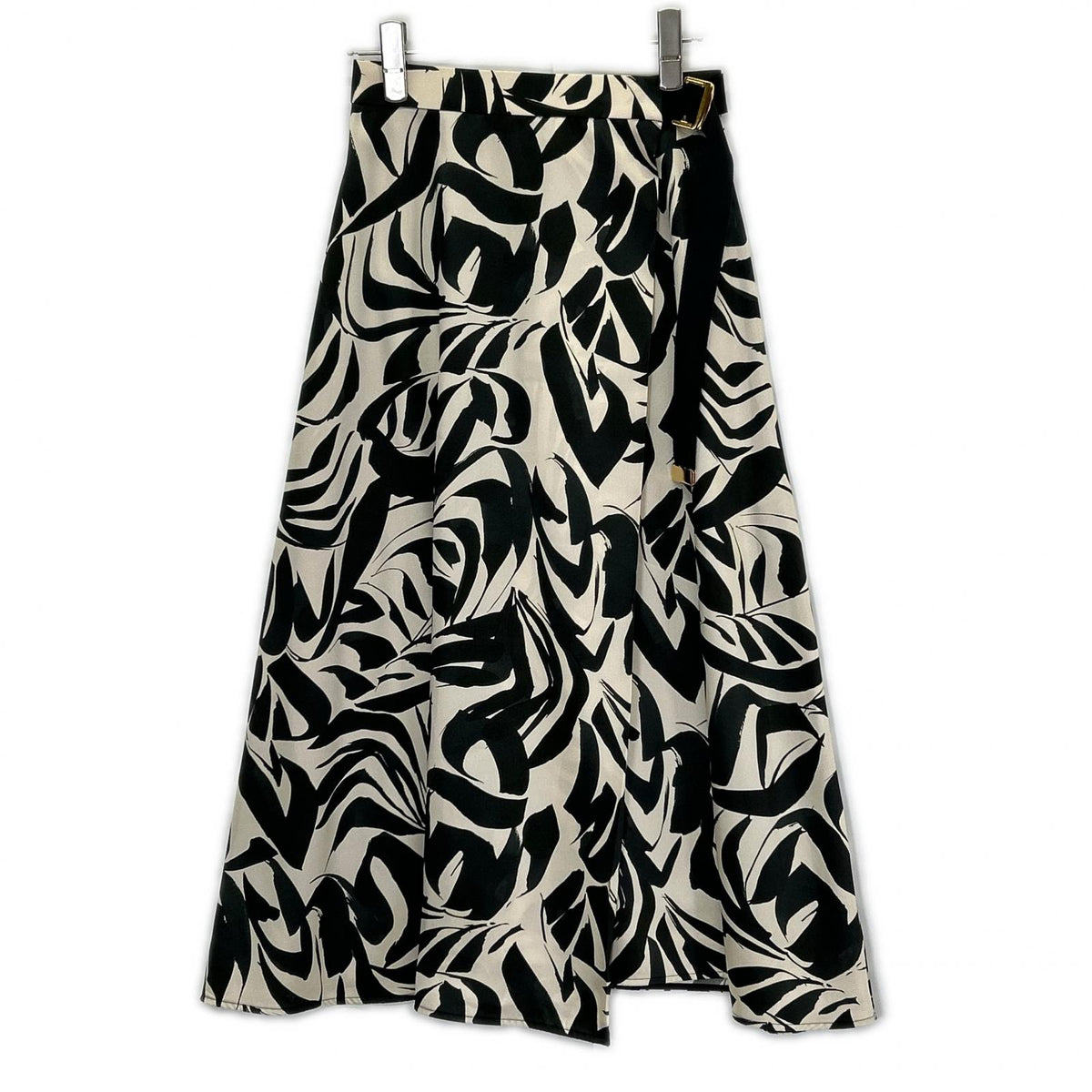 ANAYI アナイ 25年製 White×Black Belted All-Over-Print Flared Skirt