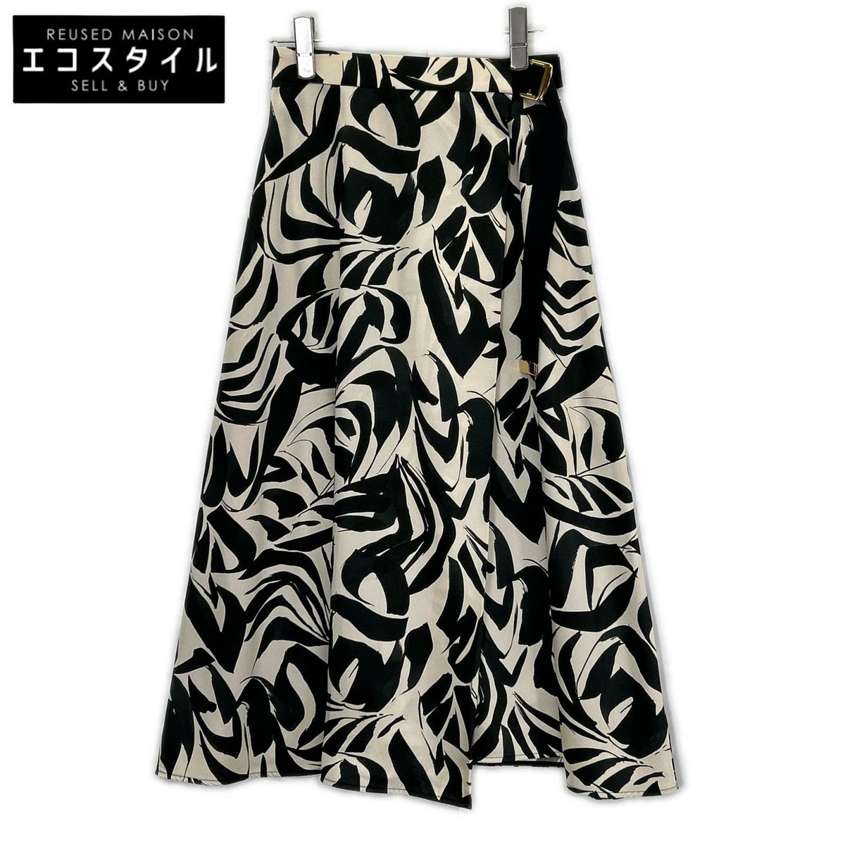 ANAYI アナイ 25年製 White×Black Belted All-Over-Print Flared Skirt