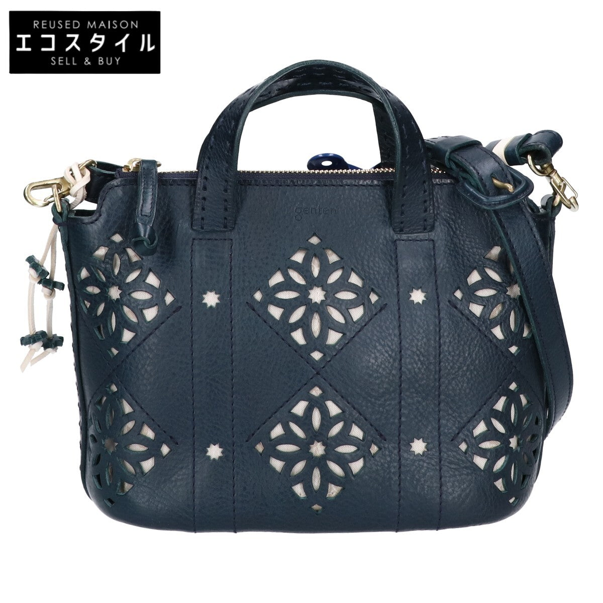 genten ゲンテン 【美品】44850 Argyle Cutwork アーガイルカットワーク 2WAYショルダー ハンドバッグ