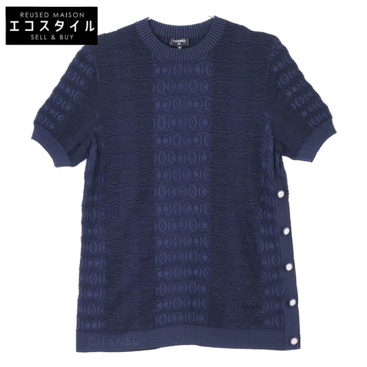 CHANEL シャネル 【美品/国内正規】P60688K46371 ココマークボタン CCジャガード 半袖ニットセーター トップス