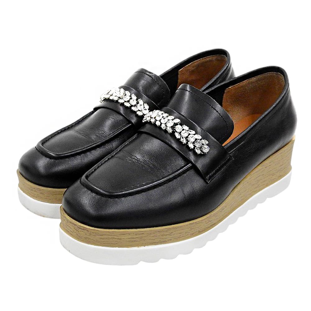 STACCATO スタッカート 美品 カーフレザー オーリンベルトプラットフォーム ウェッジ×シャークコンビソール ローファー 黒 350JS148-8270 シューズ
