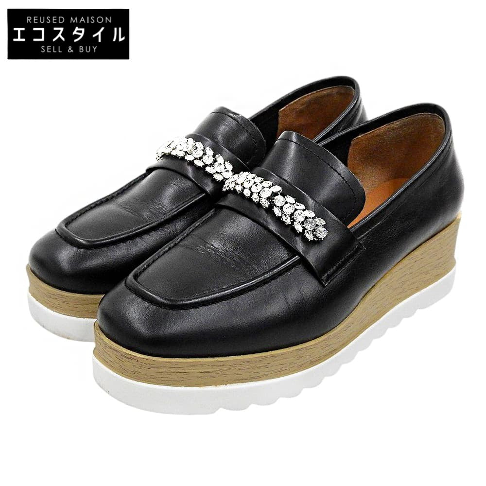 STACCATO スタッカート 美品 カーフレザー オーリンベルトプラットフォーム ウェッジ×シャークコンビソール ローファー 黒 350JS148-8270 シューズ