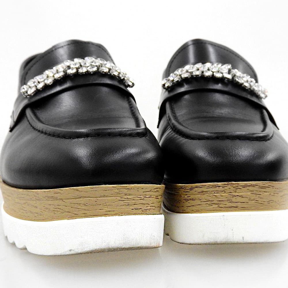 STACCATO スタッカート 美品 カーフレザー オーリンベルトプラットフォーム ウェッジ×シャークコンビソール ローファー 黒 350JS148-8270 シューズ