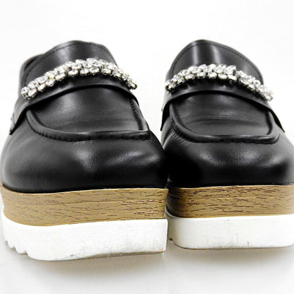 STACCATO スタッカート 美品 カーフレザー オーリンベルトプラットフォーム ウェッジ×シャークコンビソール ローファー 黒 350JS148-8270 シューズ