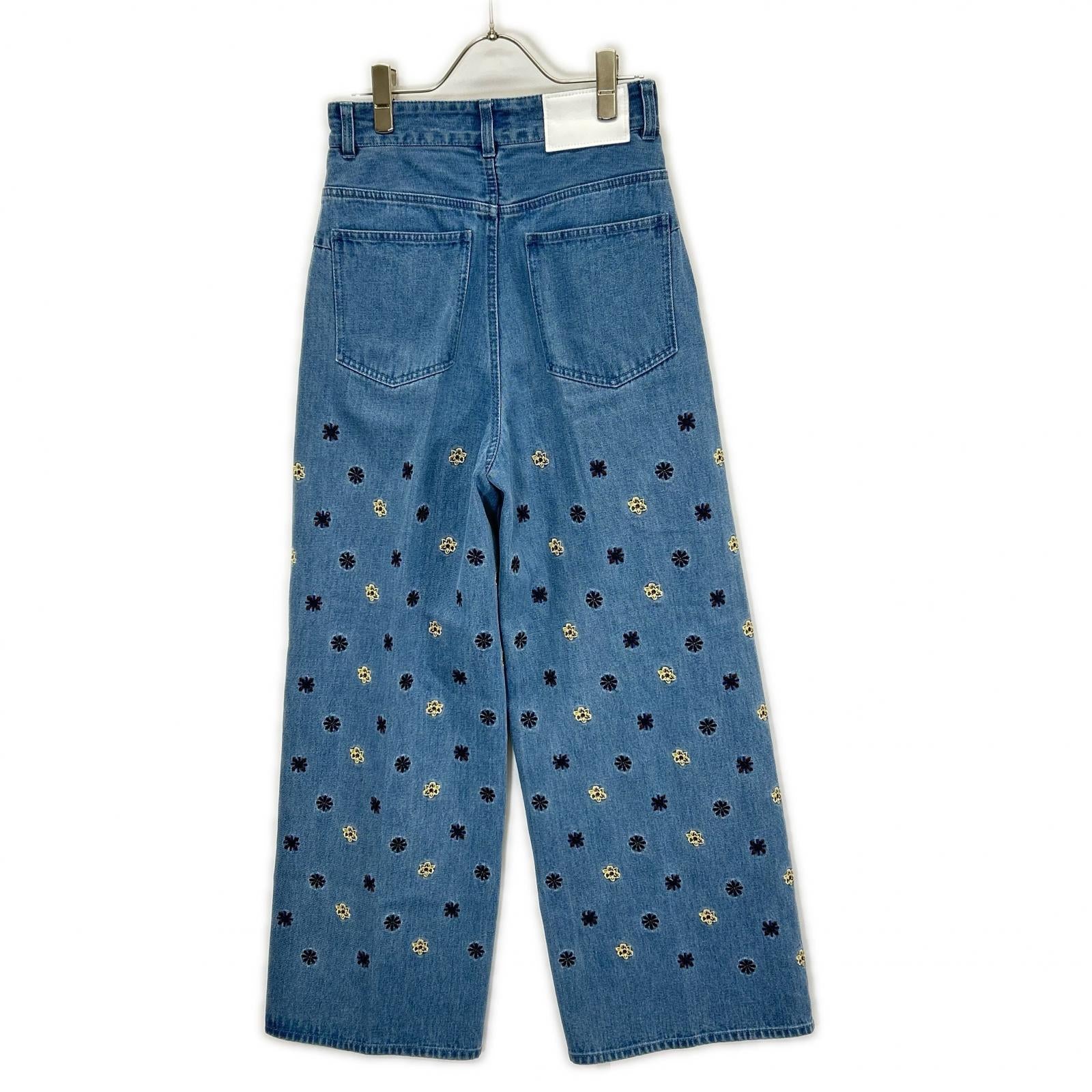 MACPHEE マカフィー 25年製 ブルー コットン ボタニカル エンブロイダリーデニム タックワイドパンツ トップス