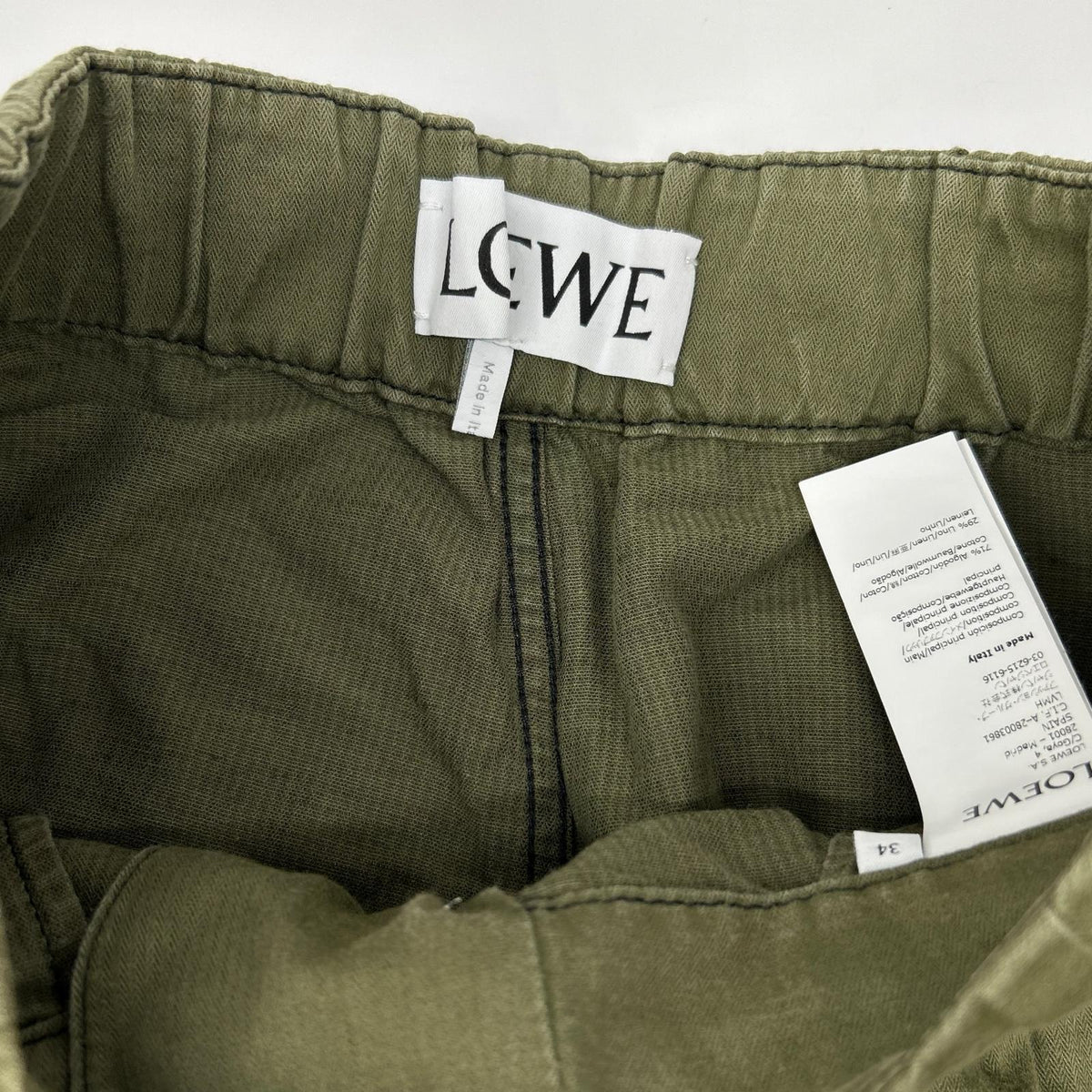 LOEWE S359331XCS Khaki Linen Blend Reborn Motif Cropped Pants Bottoms