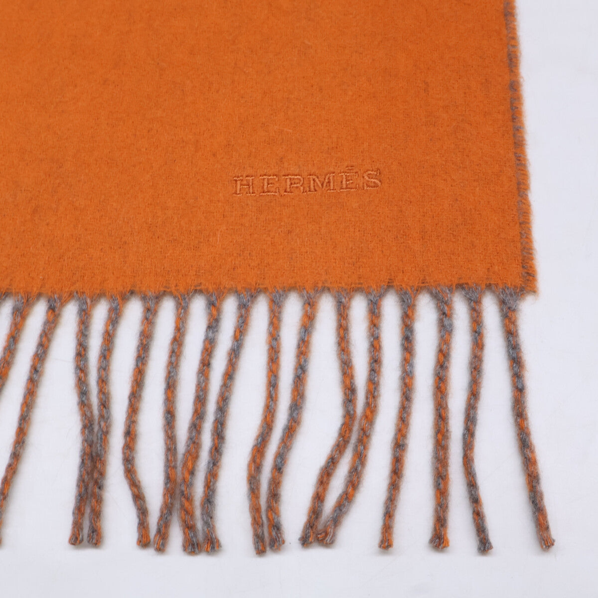 HERMES エルメス 【美品】ロゴ刺繍 カシミヤ バイカラー フリンジ マフラー