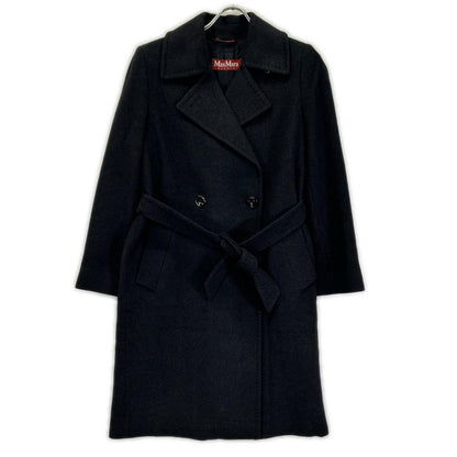 MAXMARA STUDIO Black Double-Breasted Wool × Silk × Angora Belted Coat Coat