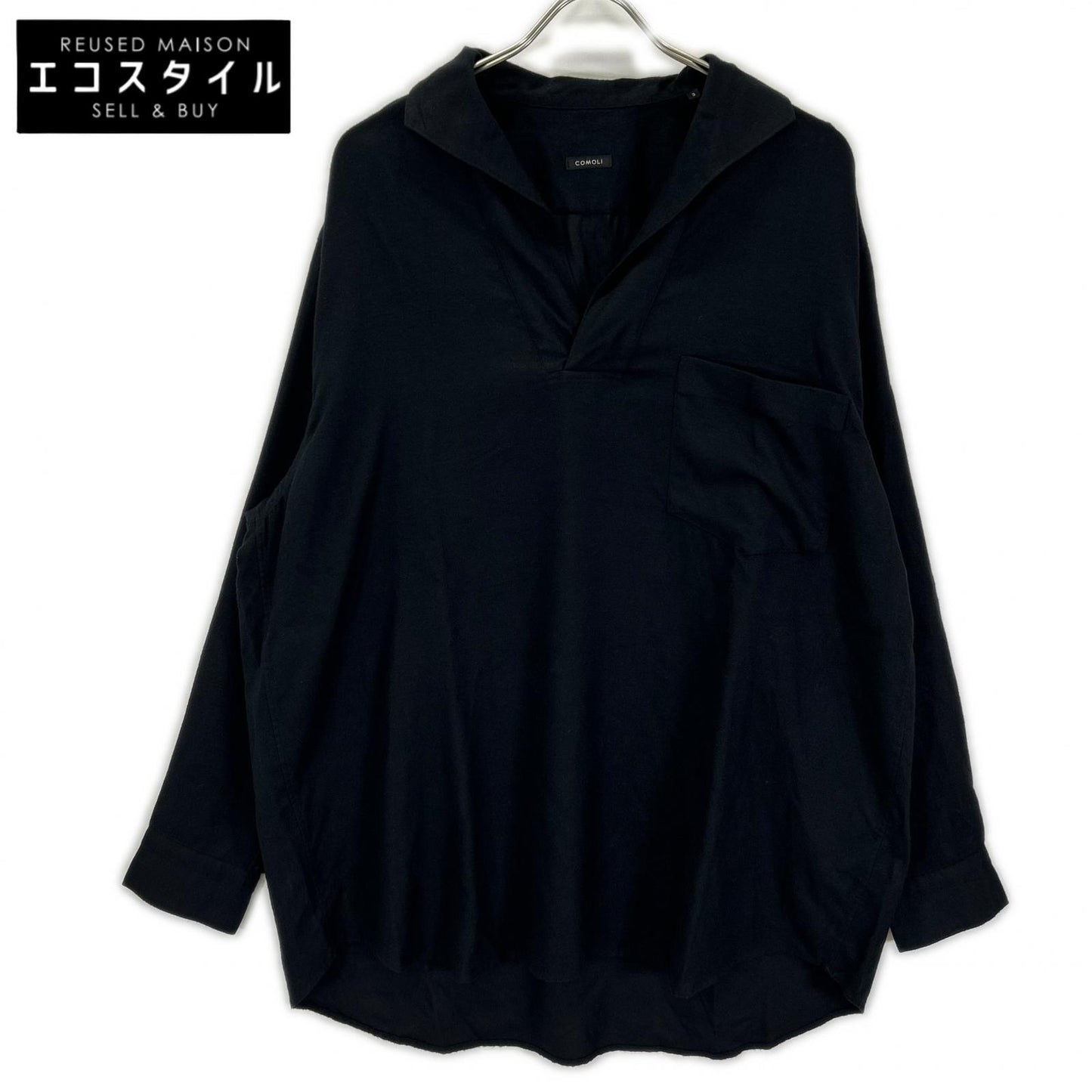 COMOLI コモリ X01-02007 ブラック シルク100 シルクネル スキッパーシャツ トップス