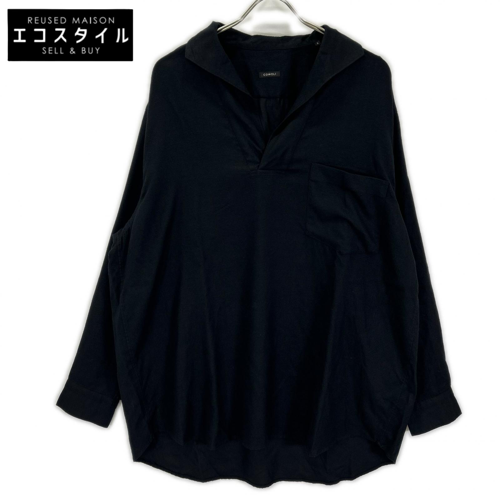COMOLI コモリ X01-02007 ブラック シルク100 シルクネル スキッパーシャツ トップス