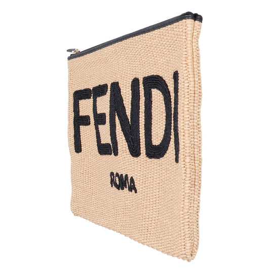 FENDI フェンディ 【美品】8N0205 ラフィアｘレザー ロゴ入り クラッチバッグ セカンドバッグ クラッチバッグ