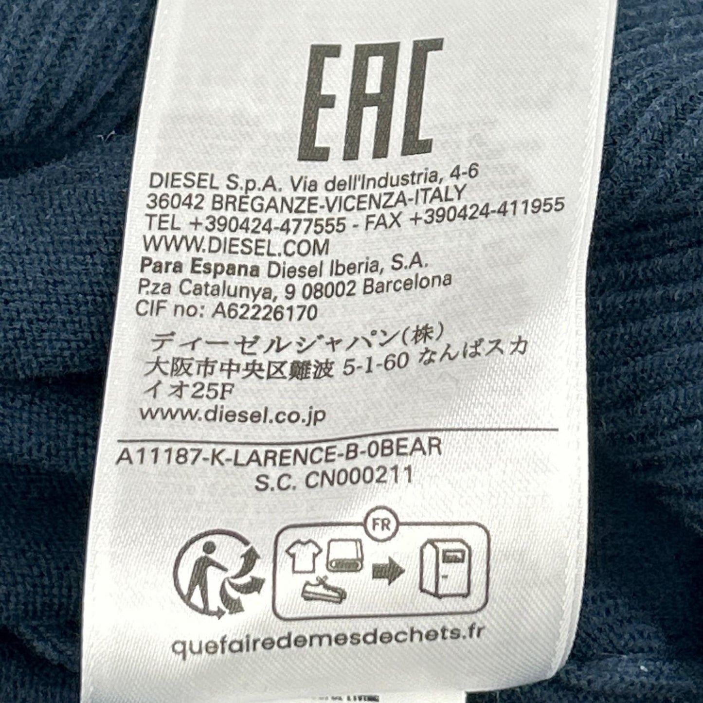 DIESEL ディーゼル A11187 24SS ブルー K-LARENCE-B ブリーチ加工クルーネックニット トップス