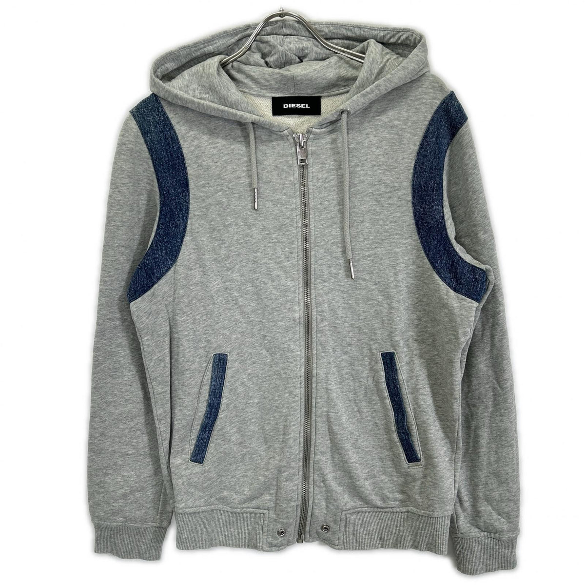 DIESEL ディーゼル グレー デニム切替 フーデッドジップアップパーカ トップス