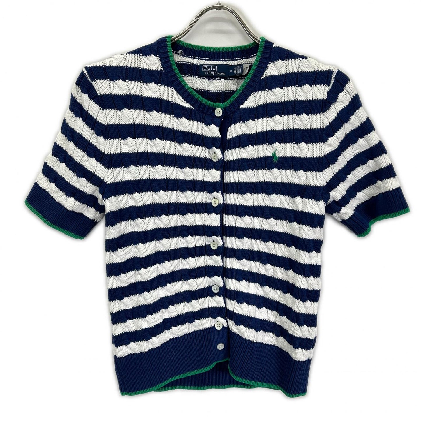 POLObyRalphLauren ポロラルフローレン 24SS ブルー×ホワイト ストライプド ケーブルニット ショートスリーブ カーディガン トップス