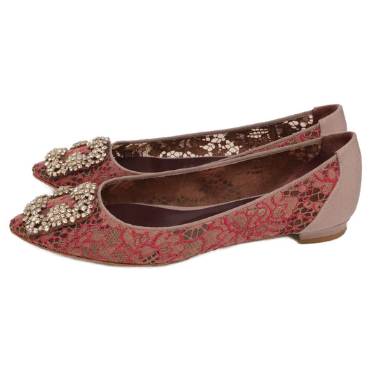 MANOLO BLAHNIK マノロブラニク HANGISI ハンギシ 総レース ビジューバックル フラットパンプス シューズ