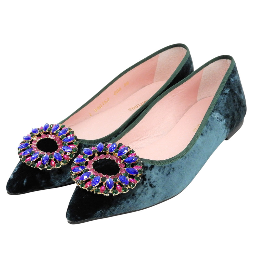 Pretty Ballerinas プリティ バレリーナ ELLA ベルベット ブローチ ポインテッドトゥ フラットパンプス シューズ レディース グリーン 38 シューズ