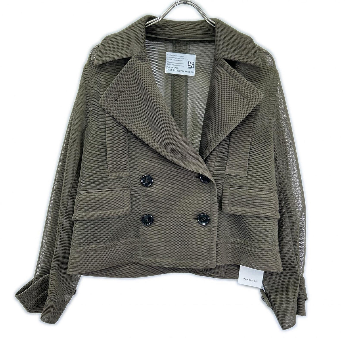 PASSIONE パシオーネ Khaki Mesh Tailored Double-Breasted Six-Button Cropped Biker Jacket Jacket
