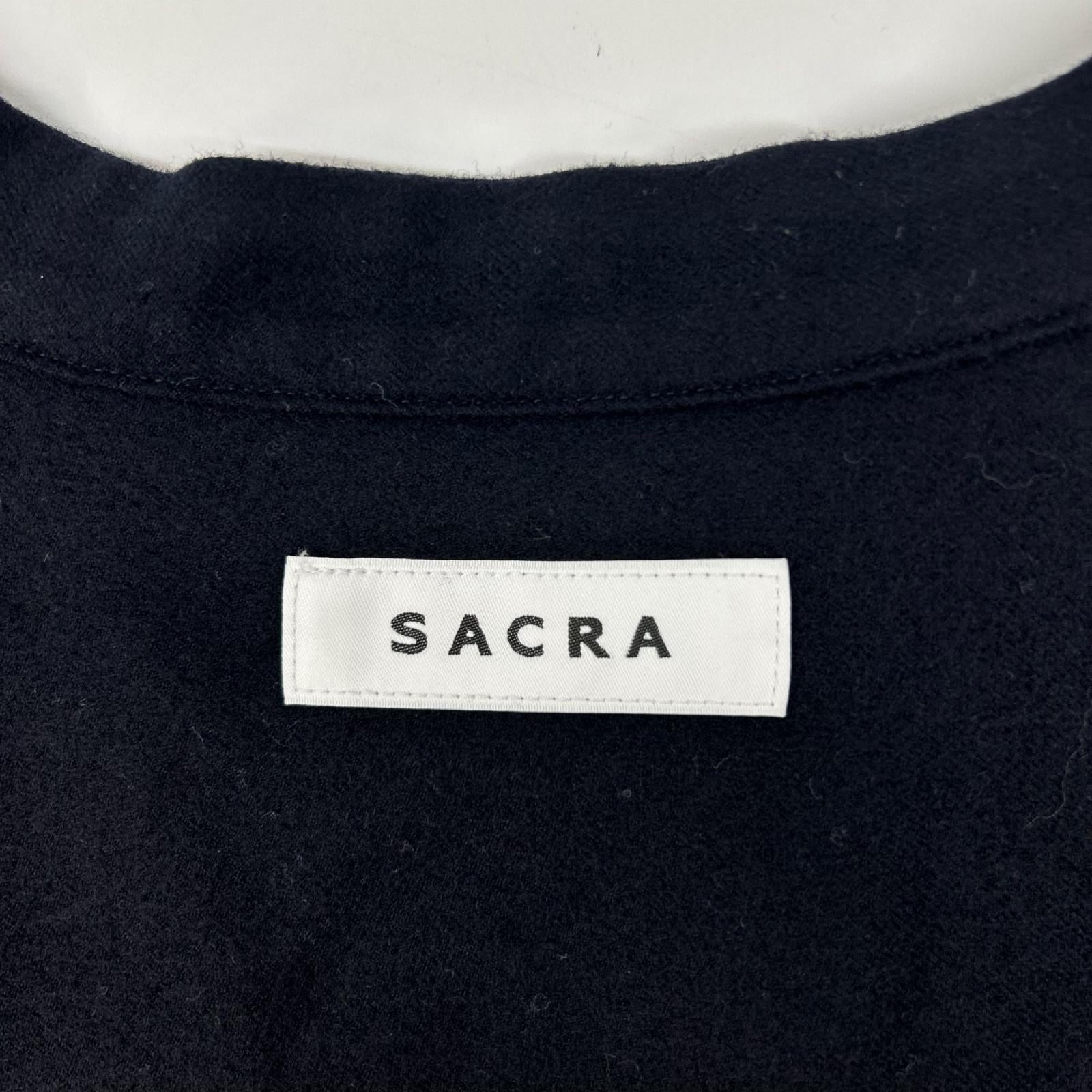 SACRA サクラ ネイビー バンドカラー ヨーク切替ウール混シャツ トップス