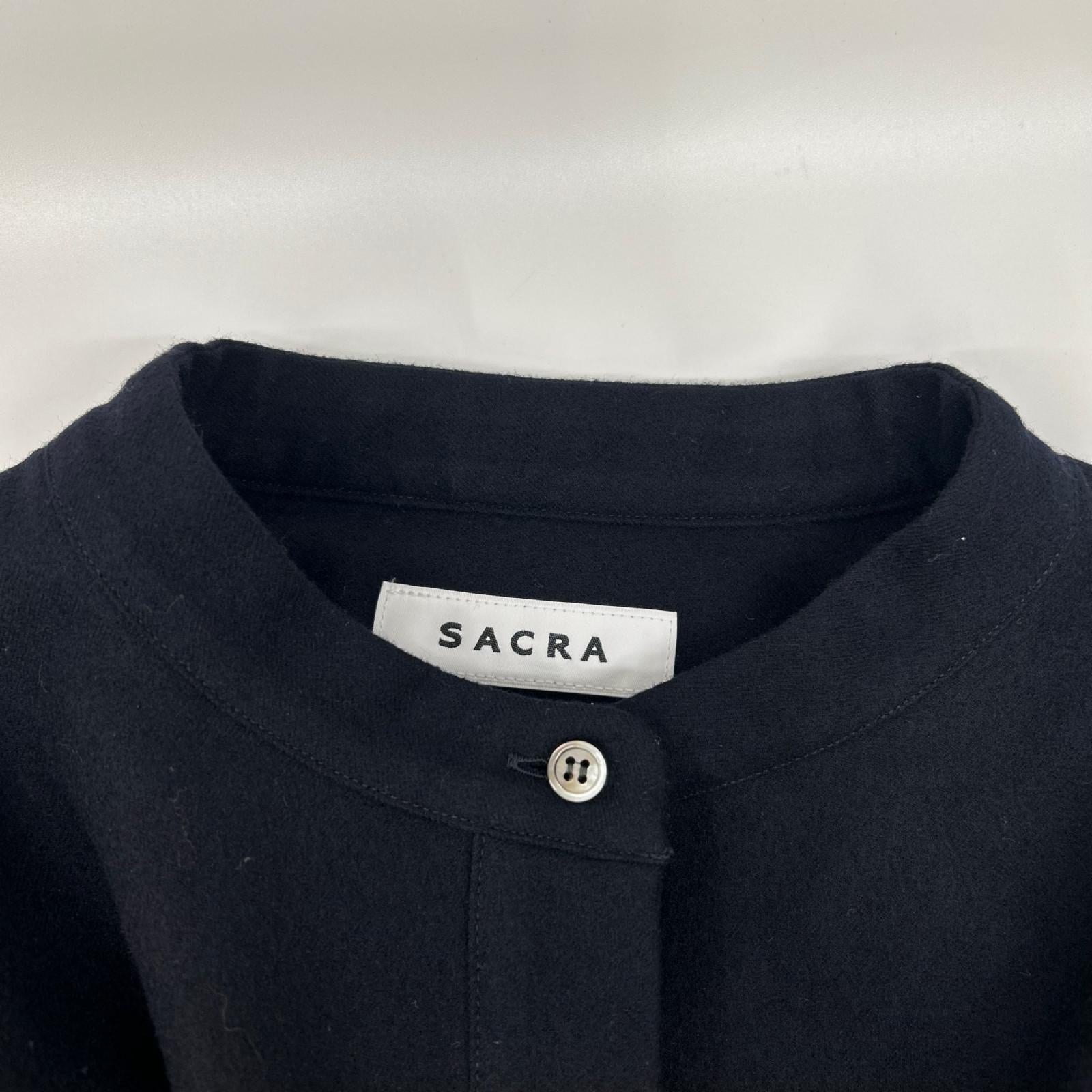 SACRA サクラ ネイビー バンドカラー ヨーク切替ウール混シャツ トップス