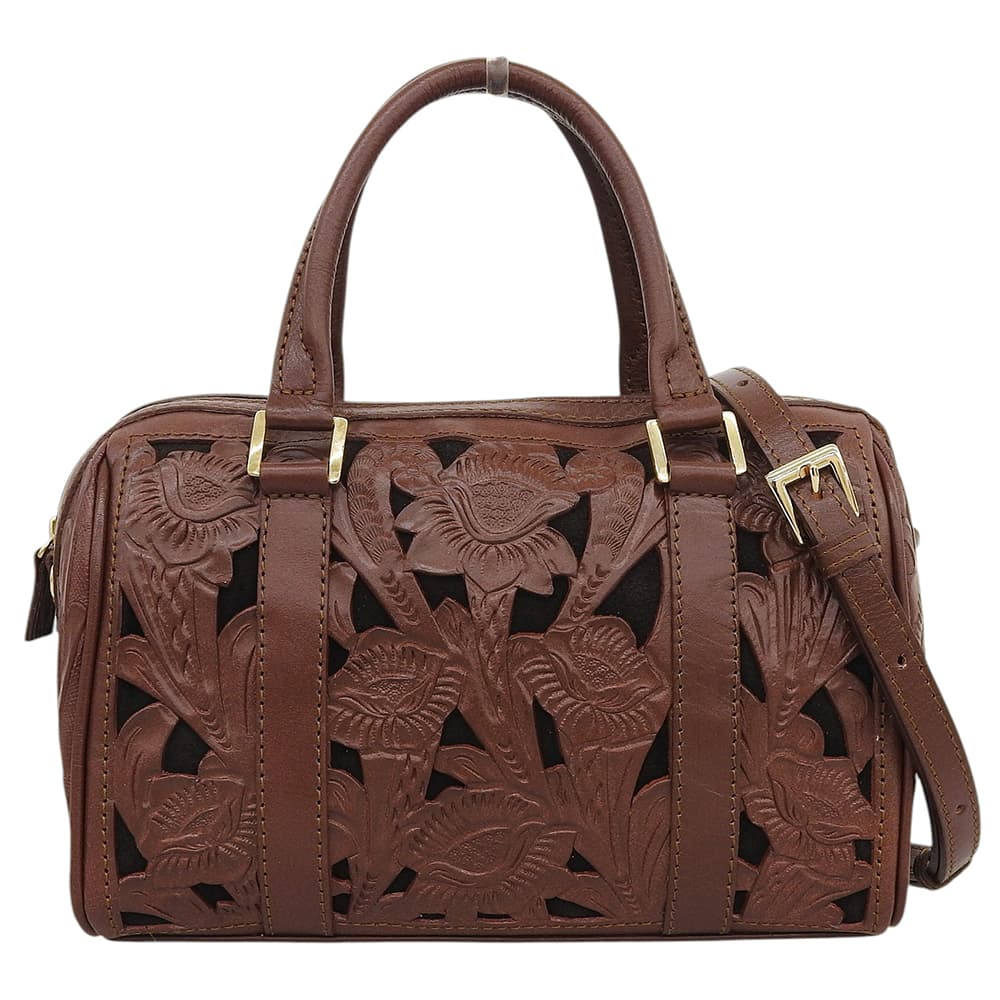 Carving Tribes カービングトライブス カーフレザー 草花模様 2WAY ハンドバッグ レディース ブラウン×ゴールド ハンドバッグ