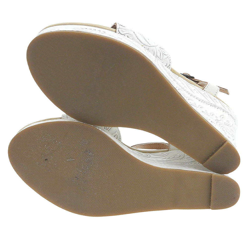 Carving Tribes カービングトライブス 美品 カーフレザー 草花模様 アンクルストラップ ウェッジソールサンダル シューズ レディース 白 シューズ