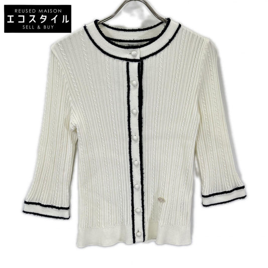 Rene ルネ 6412640 ホワイト×ネイビー コットン混 シェルロゴプレート ケーブルニットジャケット トップス