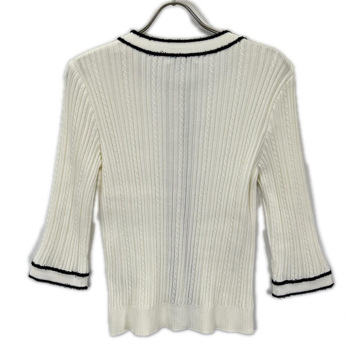 Rene ルネ 6412640 White × Navy Cotton-Blend Shell Logo Plate Cable-Knit Jacket Top