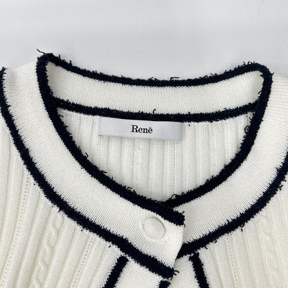 Rene ルネ 6412640 White × Navy Cotton-Blend Shell Logo Plate Cable-Knit Jacket Top