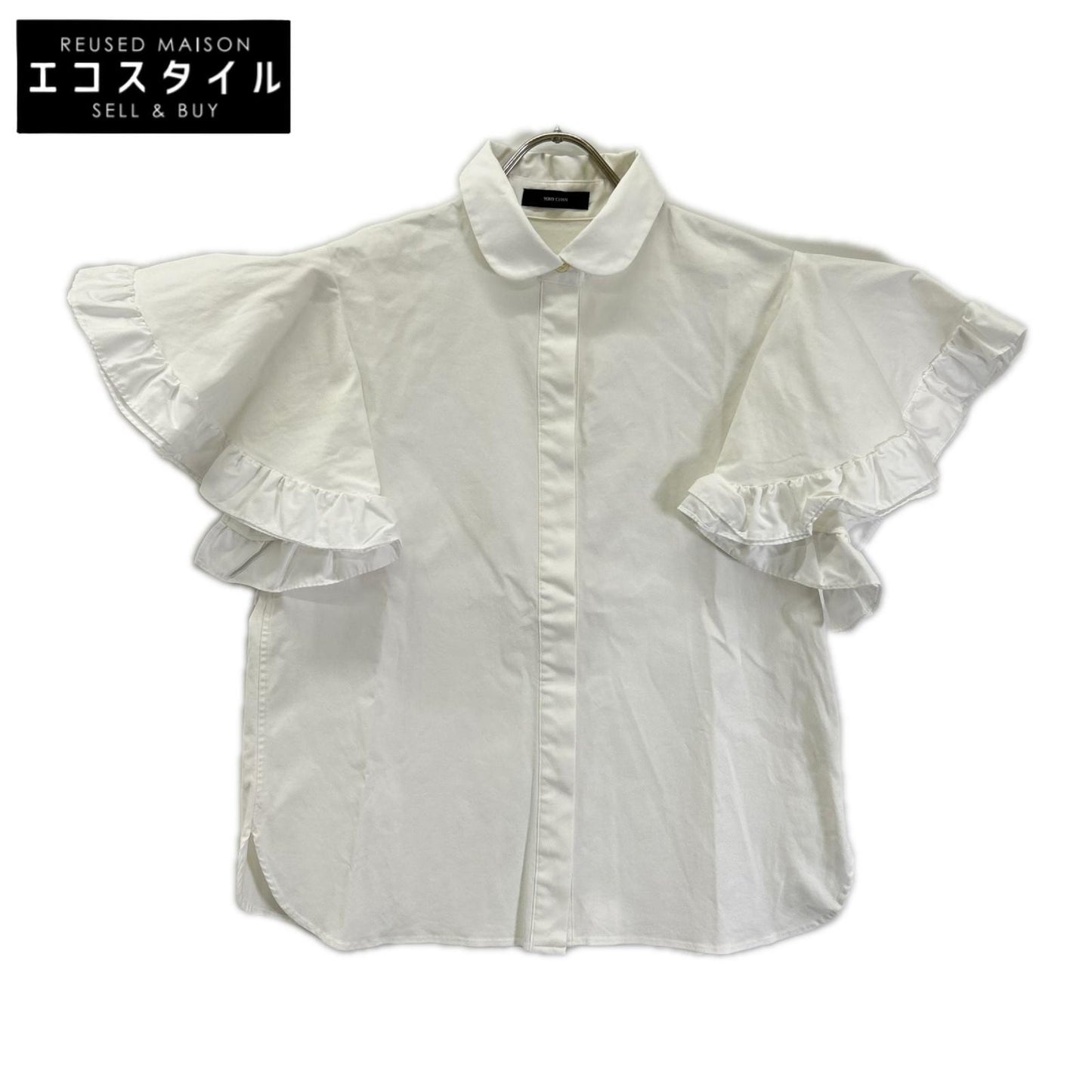 YOKOCHAN ヨーコチャン YCB-123-369 ホワイト コットン混 フリルスリーブ 比翼ボタンシャツブラウス トップス