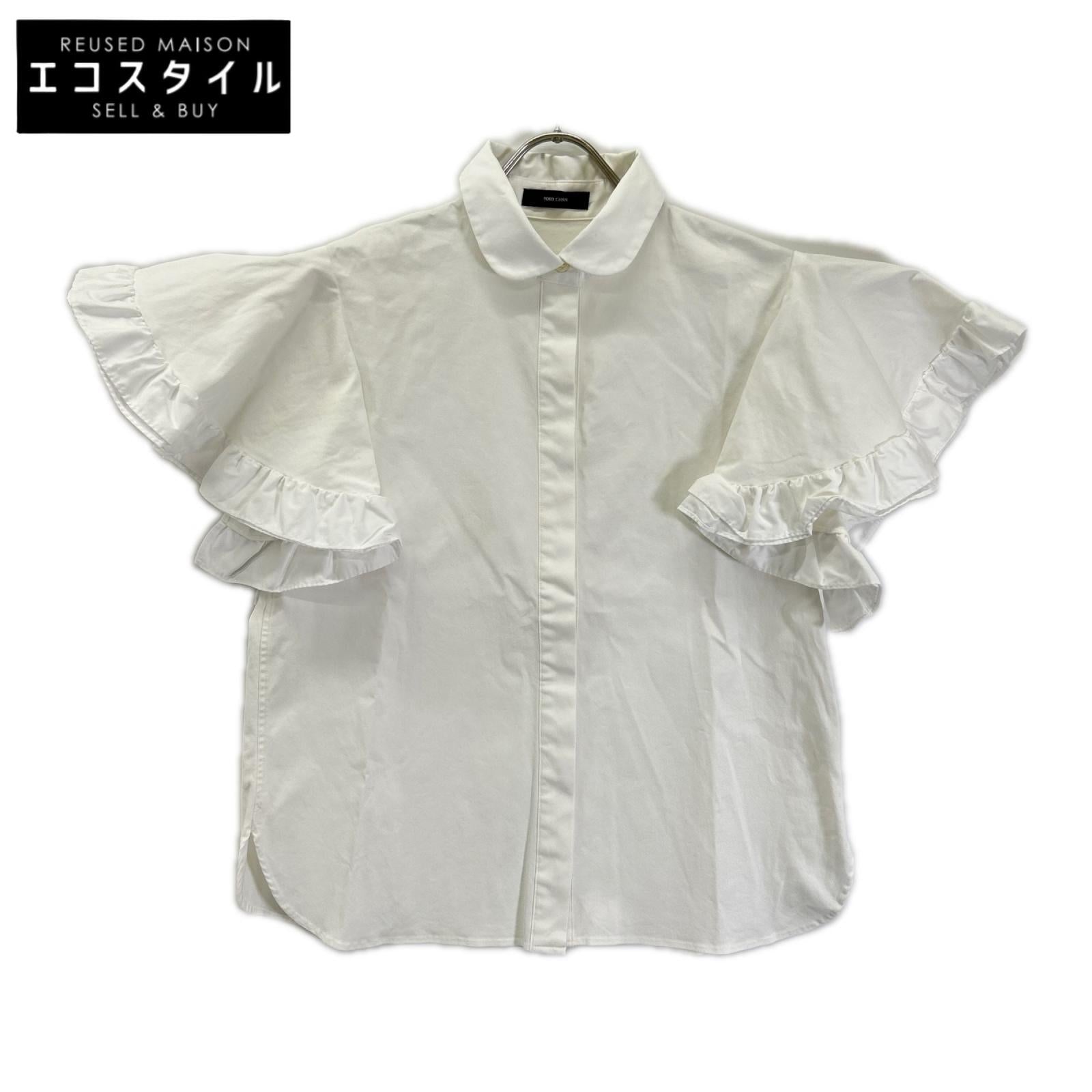 YOKOCHAN ヨーコチャン YCB-123-369 ホワイト コットン混 フリルスリーブ 比翼ボタンシャツブラウス トップス
