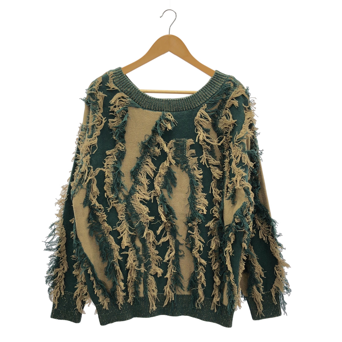 juemi ジュエミ グリーン×カーキ Fringe Bi-color Over Knit/フリンジニット トップス