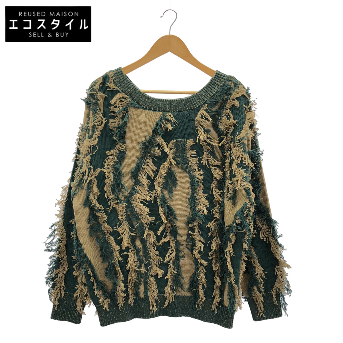 juemi ジュエミ グリーン×カーキ Fringe Bi-color Over Knit/フリンジニット トップス