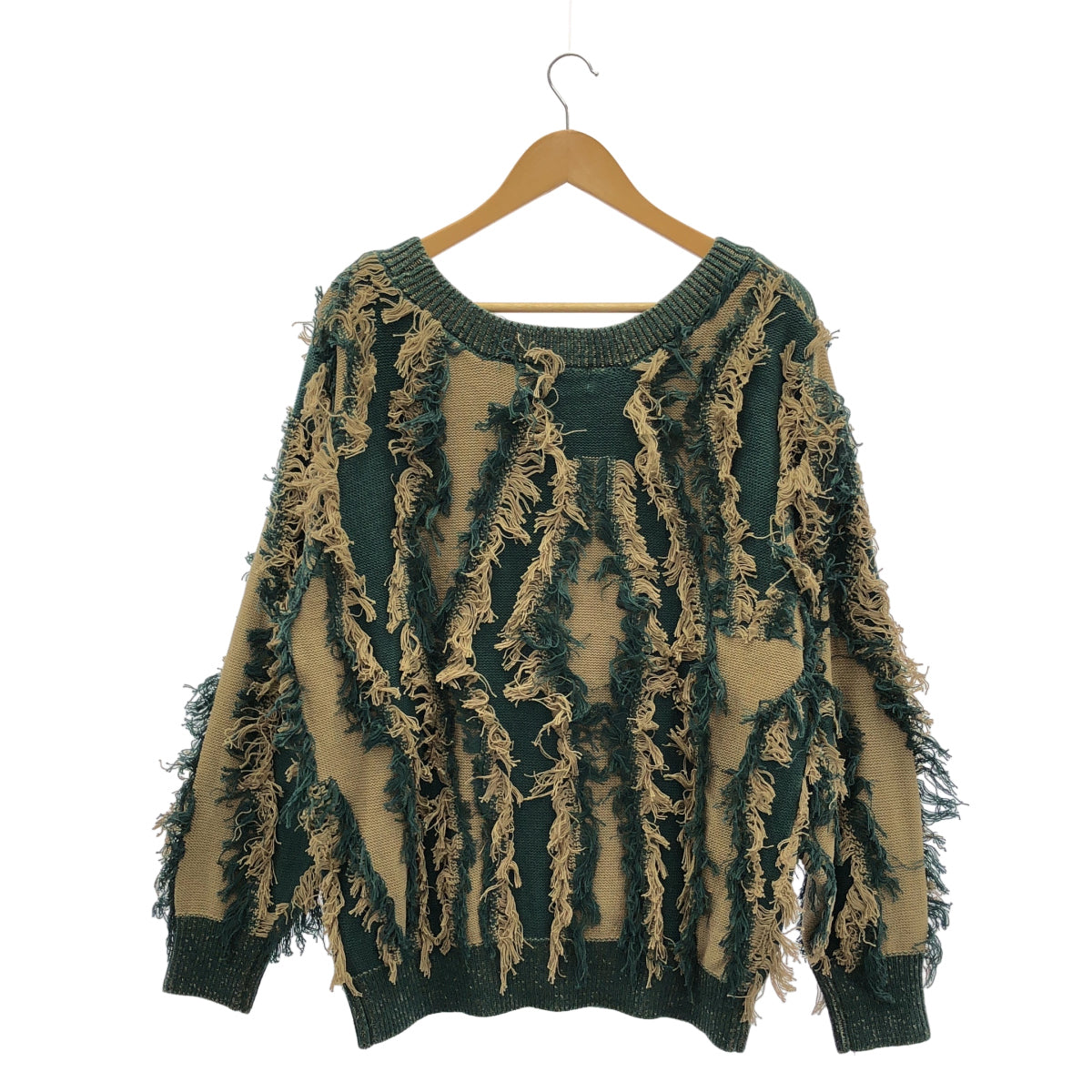 juemi ジュエミ グリーン×カーキ Fringe Bi-color Over Knit/フリンジニット トップス