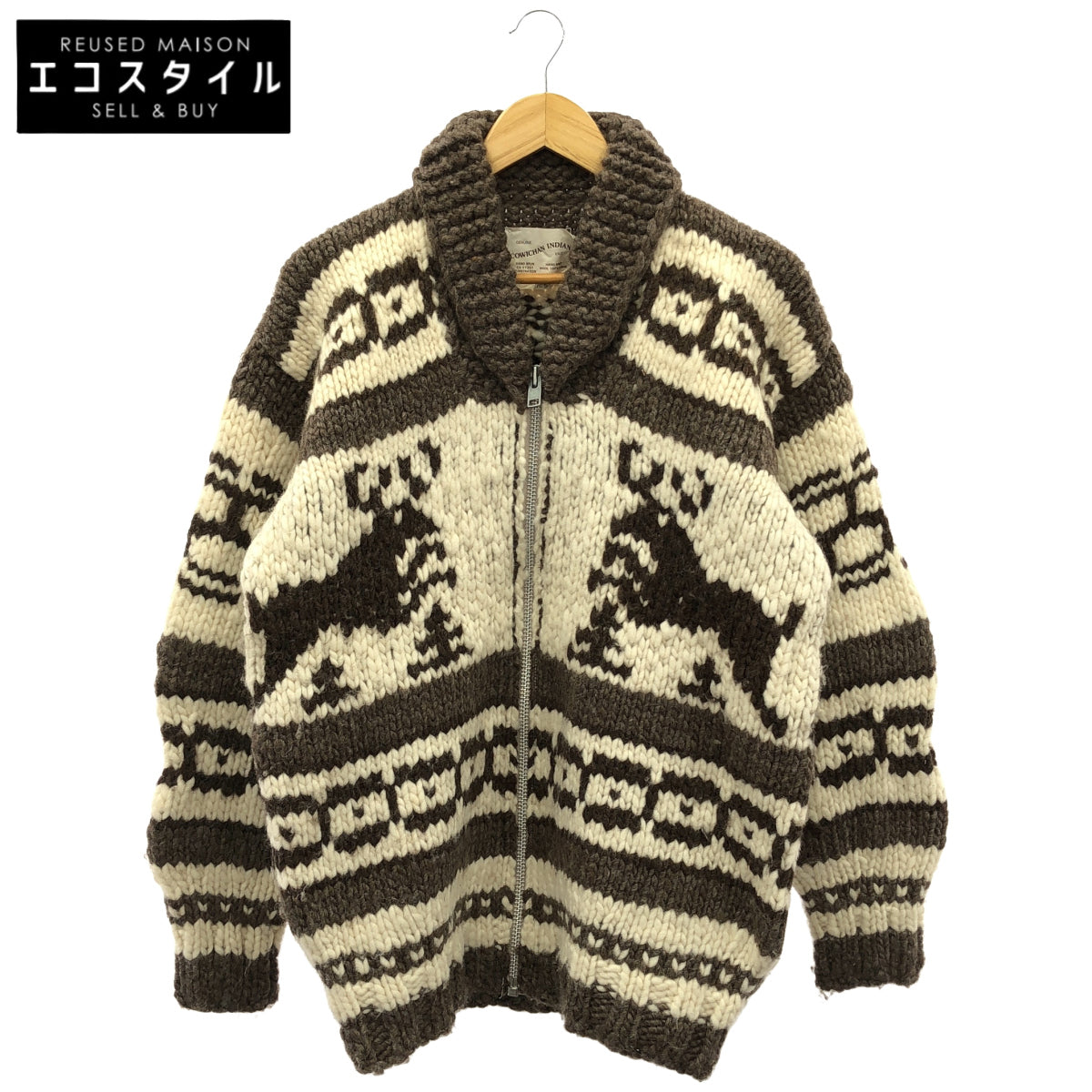 COWICHAN INDIAN コウチンインディアン 012844 ブラウン ハンドニット トナカイ柄 ジップアップジャケット トップス