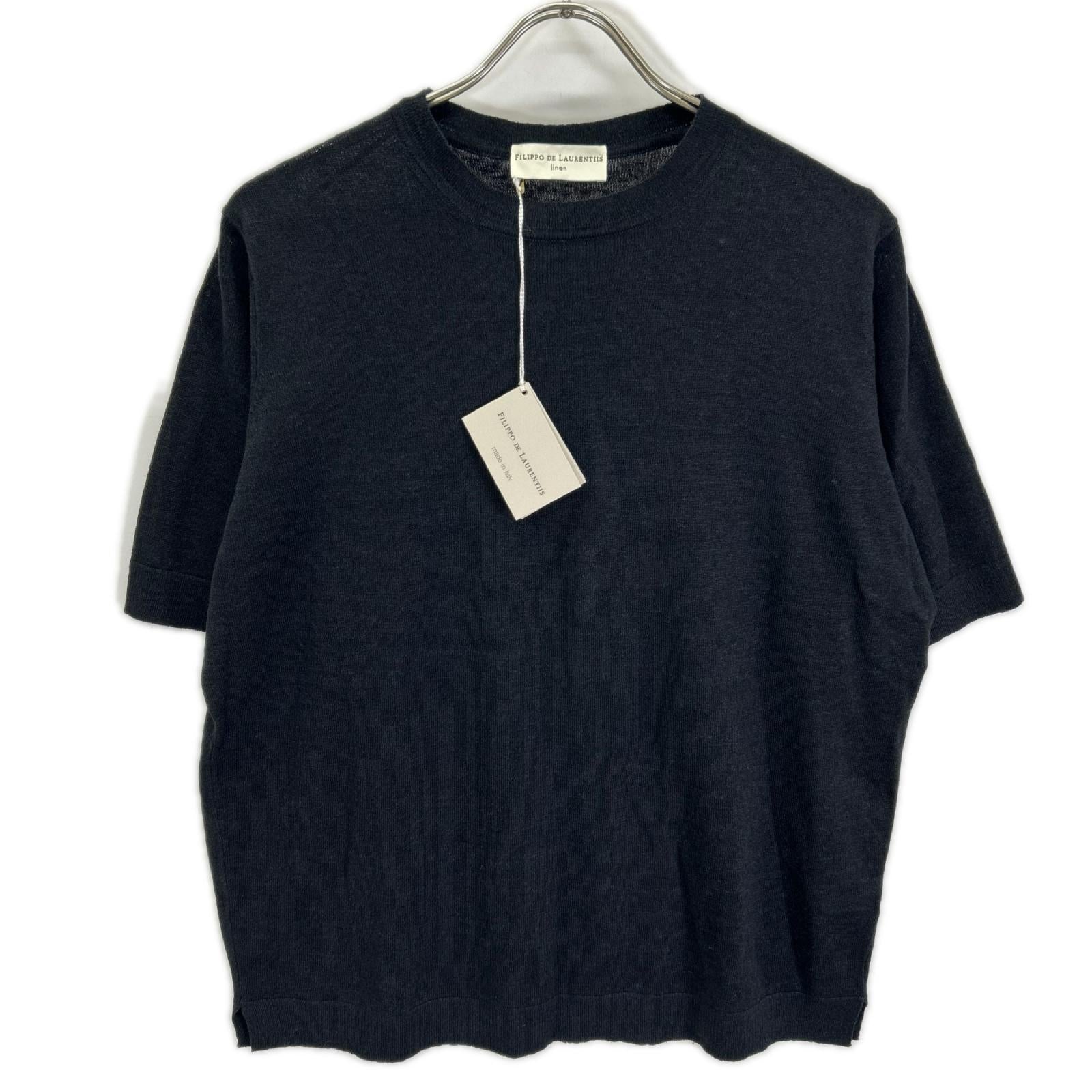 FILIPPO DE LAURENTIIS フィリッポ・デ・ローレンティス TS0MC LC14R ブラック リネン×コットン クルーネック ハイゲージ ショートスリーブニットソー トップス