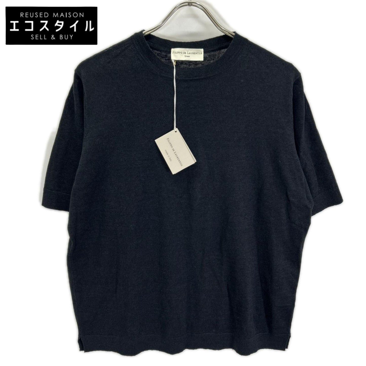 FILIPPO DE LAURENTIIS フィリッポ・デ・ローレンティス TS0MC LC14R ブラック リネン×コットン クルーネック ハイゲージ ショートスリーブニットソー トップス