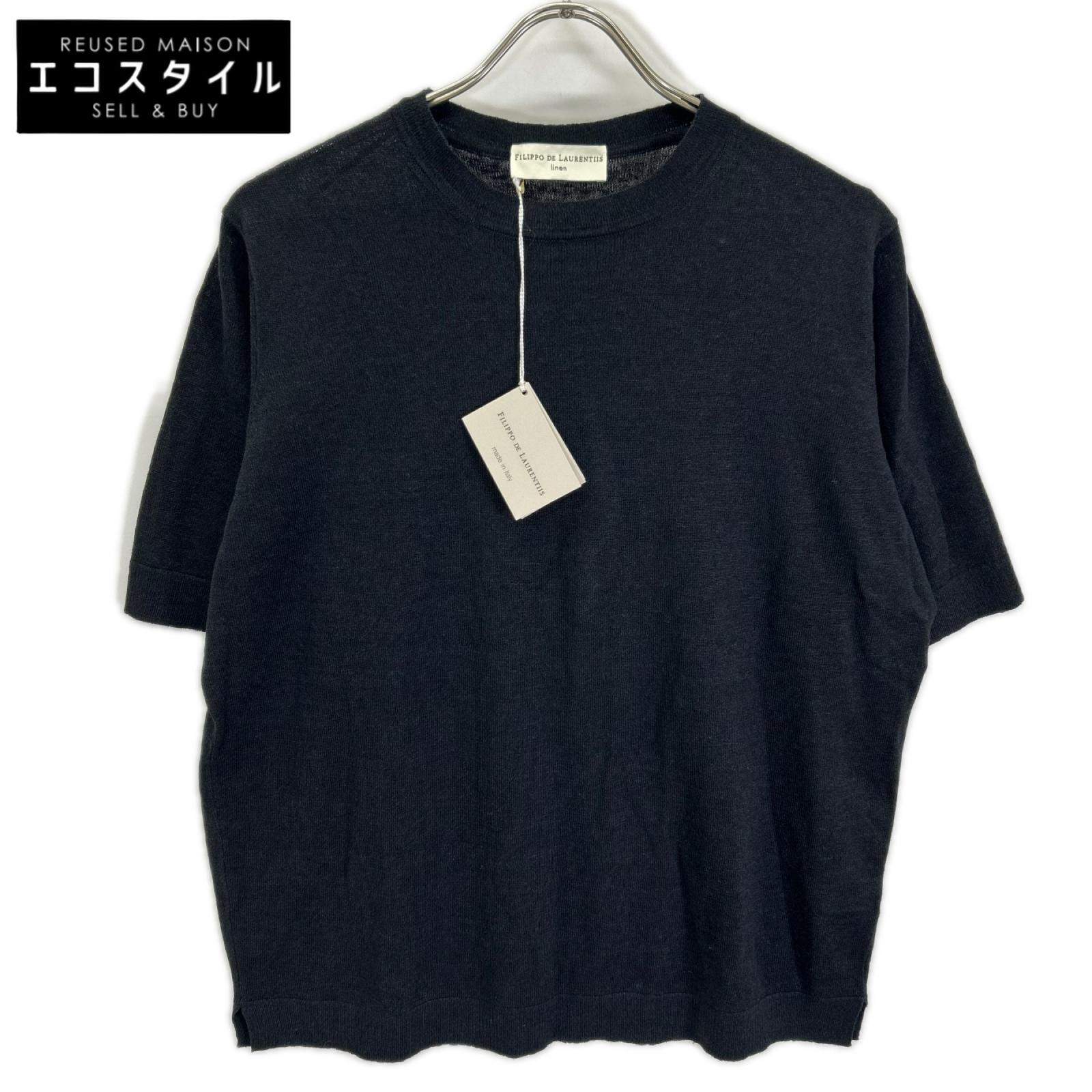 FILIPPO DE LAURENTIIS フィリッポ・デ・ローレンティス TS0MC LC14R ブラック リネン×コットン クルーネック ハイゲージ ショートスリーブニットソー トップス