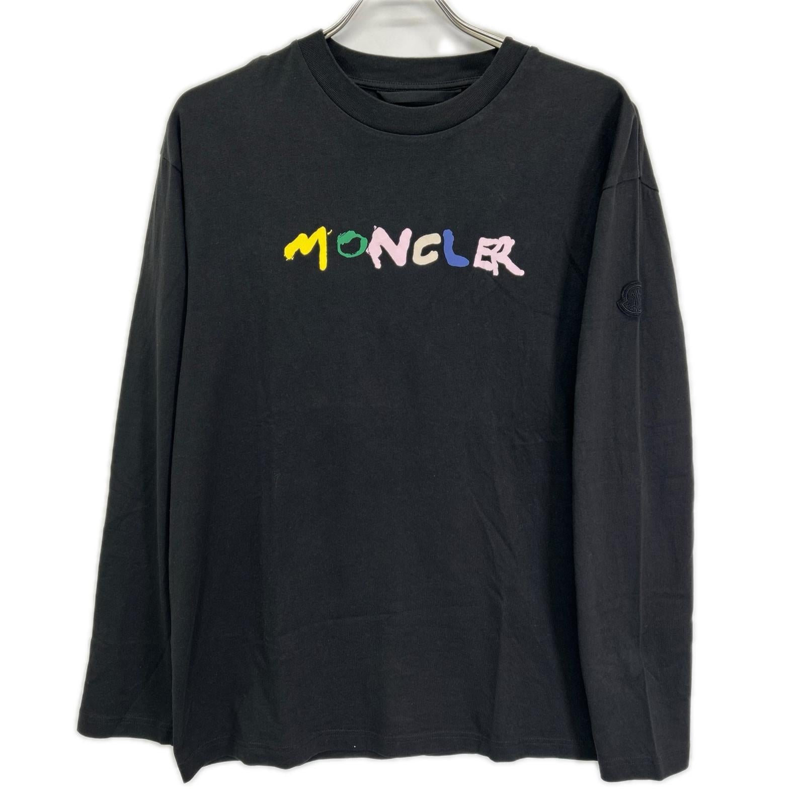 MONCLER モンクレール 23年製 LS T-SHIRT ブラック コットン ペイントロゴ クルーネック ロングスリーブカットソー トップス