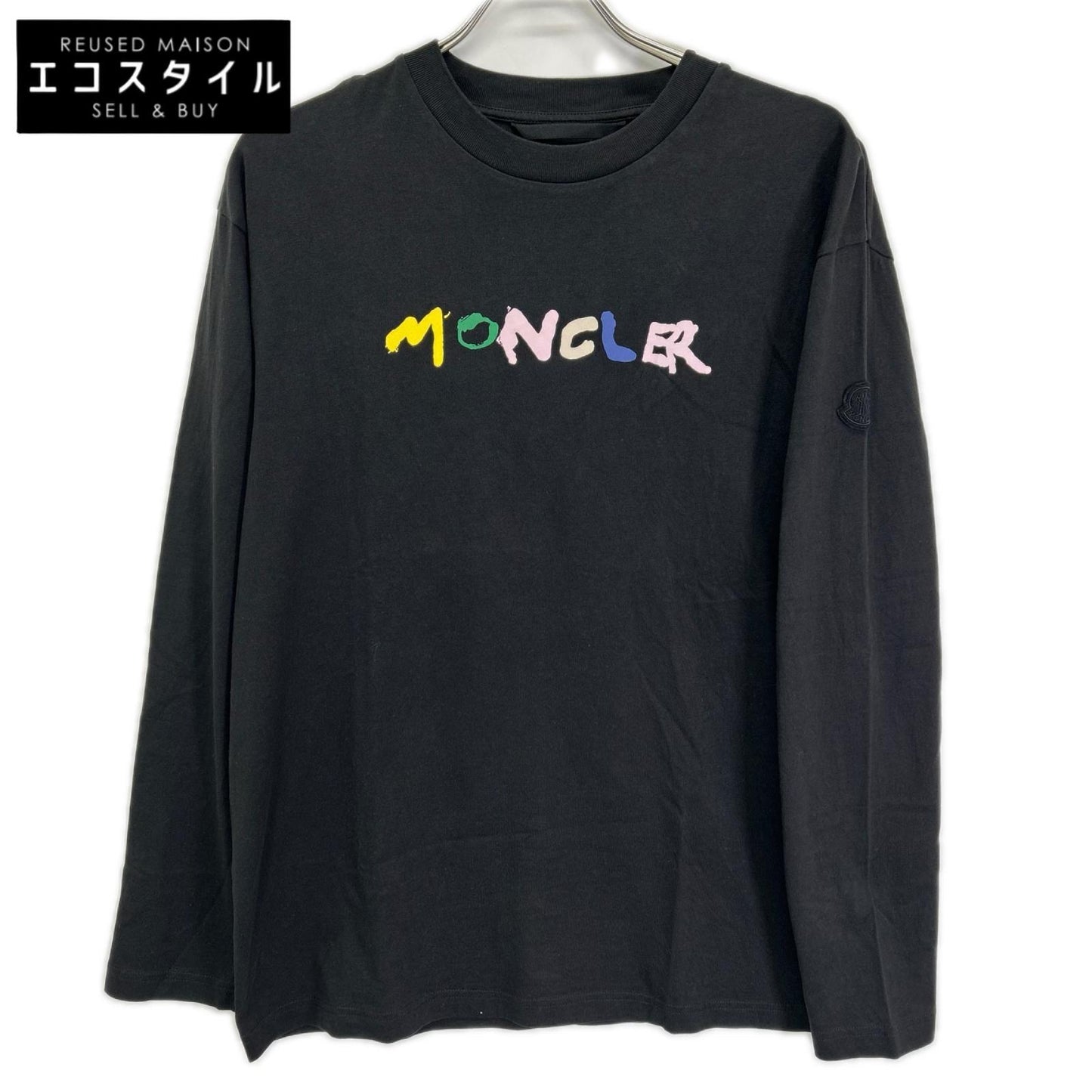 MONCLER モンクレール 23年製 LS T-SHIRT ブラック コットン ペイントロゴ クルーネック ロングスリーブカットソー トップス