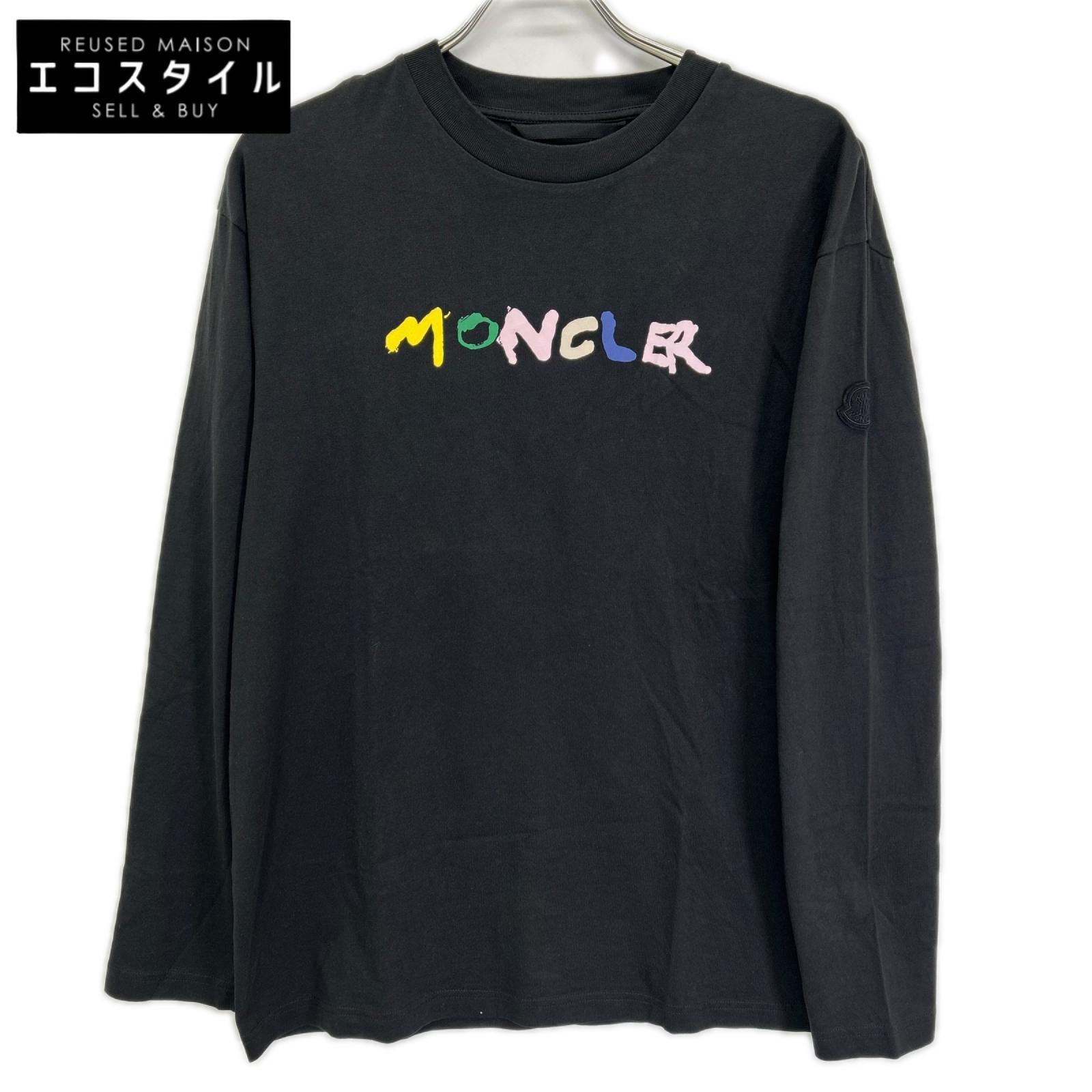 MONCLER モンクレール 23年製 LS T-SHIRT ブラック コットン ペイントロゴ クルーネック ロングスリーブカットソー トップス