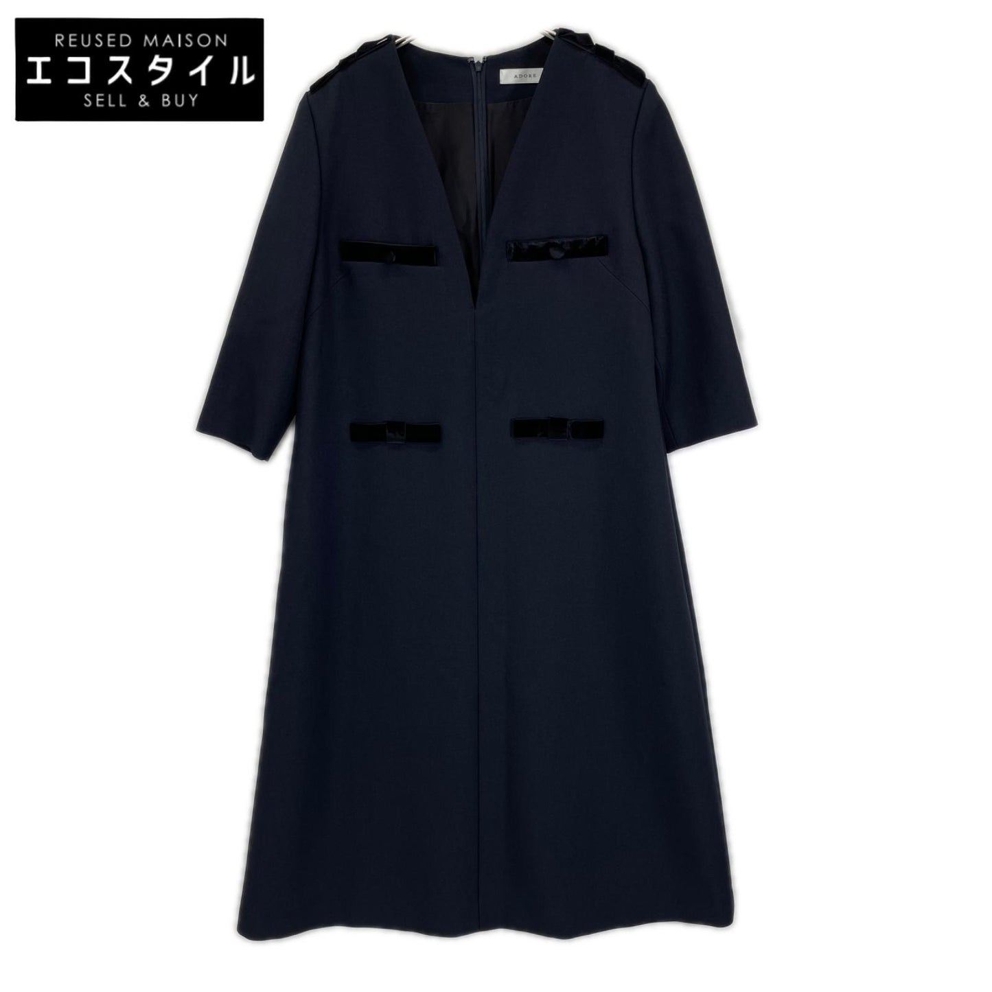 ADORE アドーア 531-5240740 25年製 ネイビー ベルベットボタン Vネックワンピース ワンピース