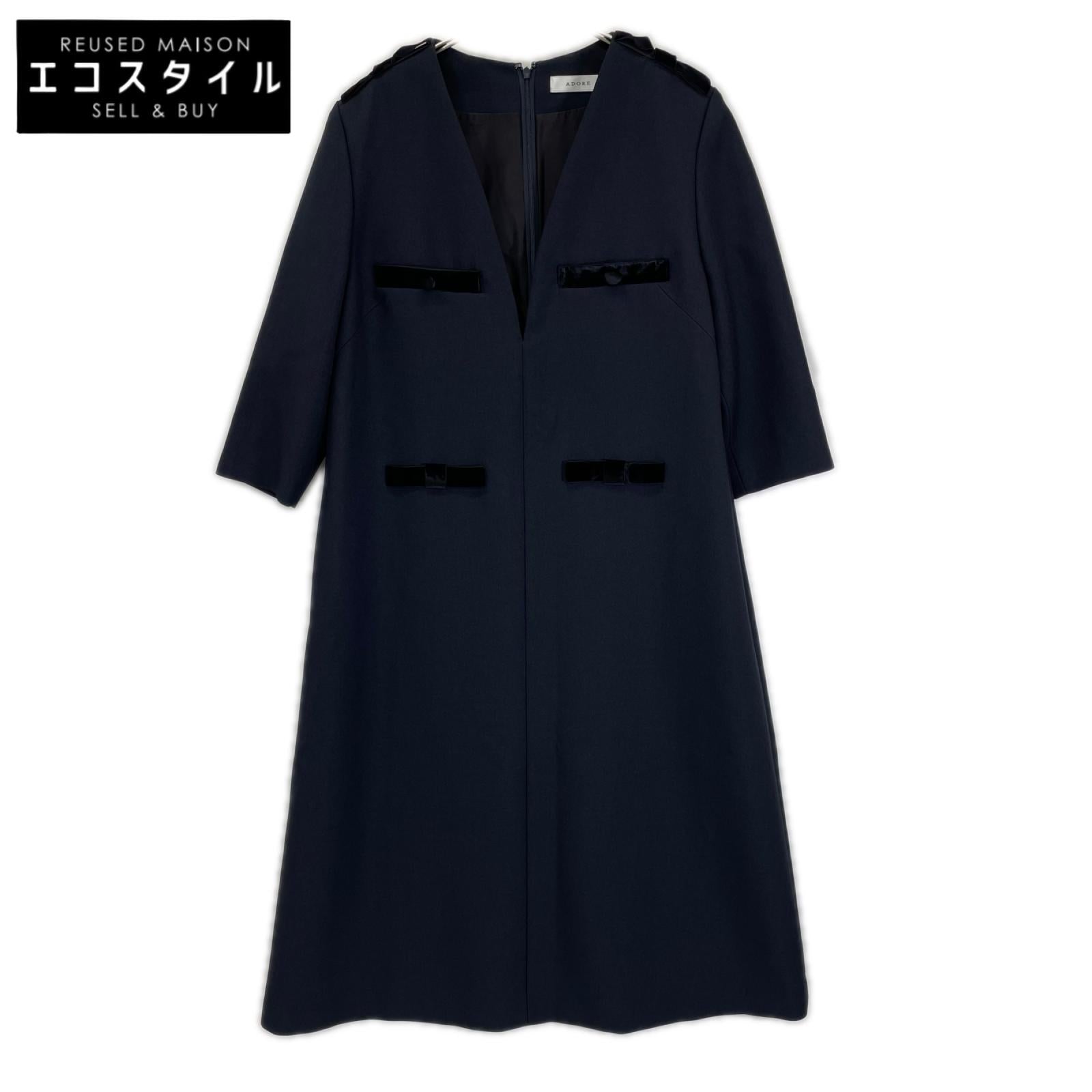ADORE アドーア 531-5240740 25年製 ネイビー ベルベットボタン Vネックワンピース ワンピース