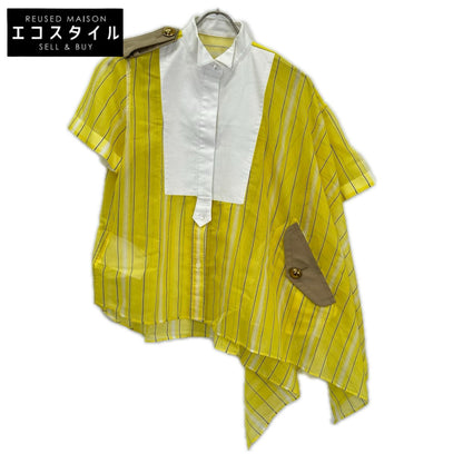 sacai サカイ 19-04485 19SS イエロー シアーストライプアシンメトリーショートスリーブシャツ トップス