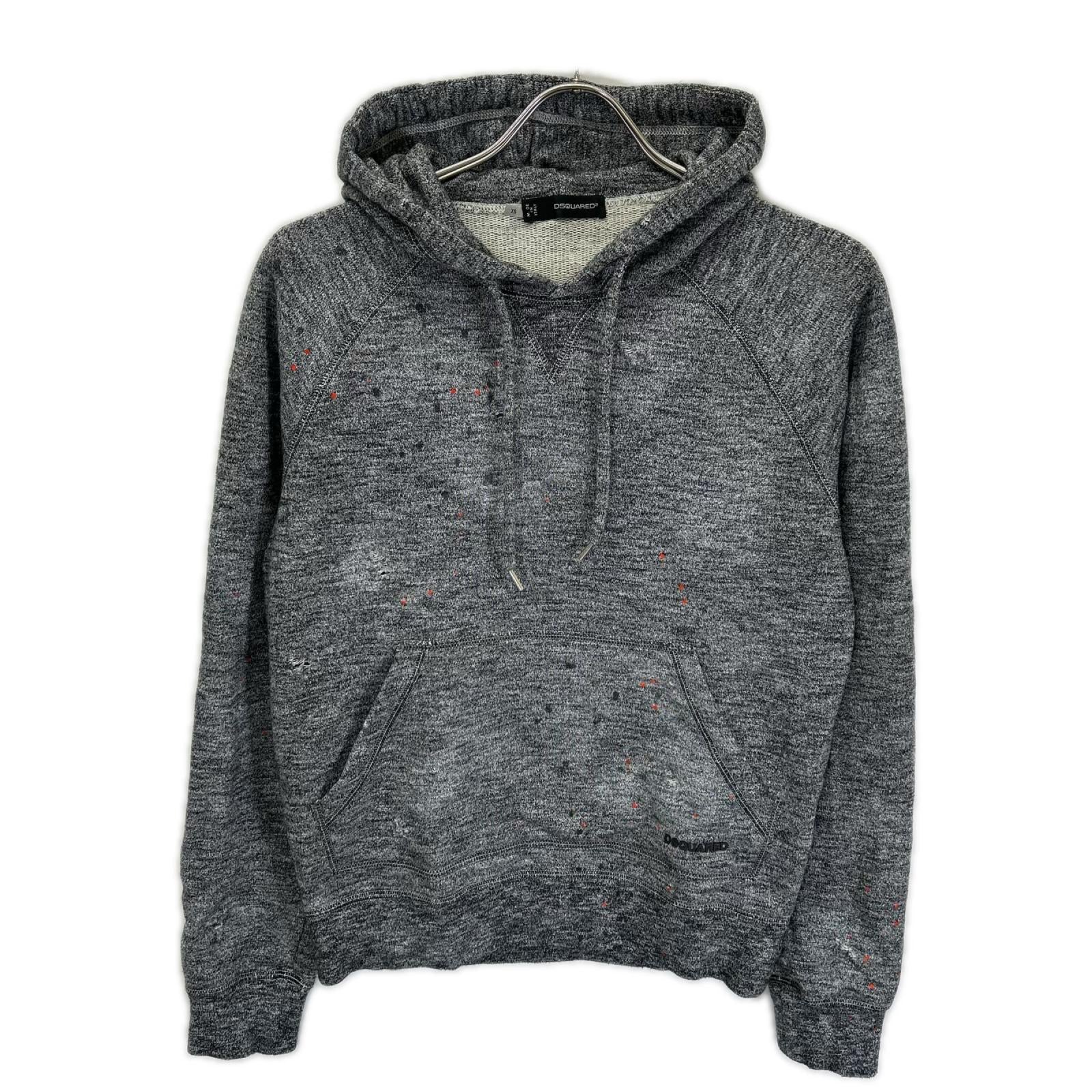 DSQUARED2 ディースクエアード グレー ペイントスプラッター ダメージ加工 杢柄 パーカー トップス
