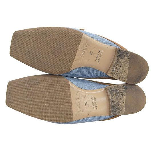 HERMES エルメス デニム×レザー グルーピー スクエア トゥ ミュール シューズ レディース ライトブルー×ブラウン 35 シューズ