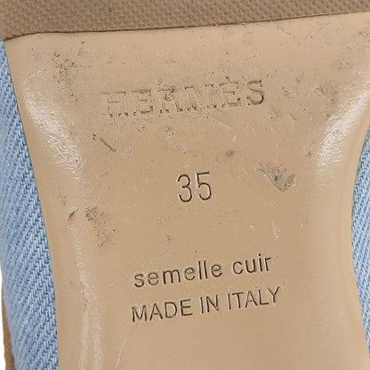 HERMES エルメス デニム×レザー グルーピー スクエア トゥ ミュール シューズ レディース ライトブルー×ブラウン 35 シューズ